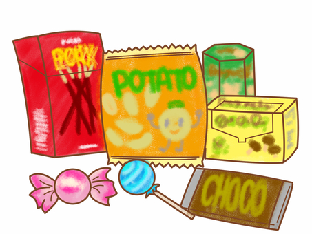 お菓子いろいろ お菓子,おやつ,駄菓子,スナック菓子,チョコレート,キャンディ,飴,わくわく,楽しみ,甘いのイラスト素材