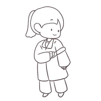 エチケットブラシを使う女の子(線画) 女の子,人物,かわいい,ワンポイント,コート,身だしなみ,エチケットブラシ,線画のイラスト素材