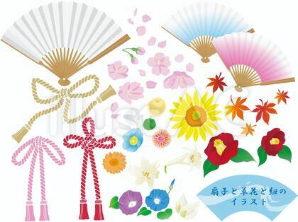 扇子と草花と紐のイラスト