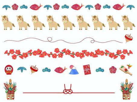 正月、午、冬の花のライン ライン,飾り罫,正月,罫線,フレーム,水彩,あしらい,手描き,梅,午のイラスト素材