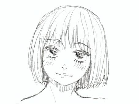 かわいい子 ボブヘア,女の子,男の子,かわいい,上目遣い,あざとい,首をかしげる,アナログ,鉛筆画,アイコンのイラスト素材