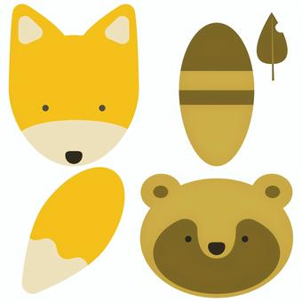 狐と狸のイラスト 狐,狸,可愛い,シンプル,尻尾,葉っぱのイラスト素材