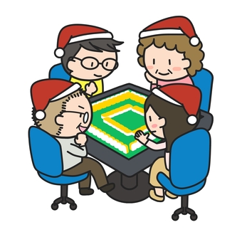 クリスマスに麻雀を楽しむ家族４人 麻雀,クリスマス,四人麻雀,4人,麻雀卓,卓,自動麻雀卓,牌,健康麻雀,趣味のイラスト素材