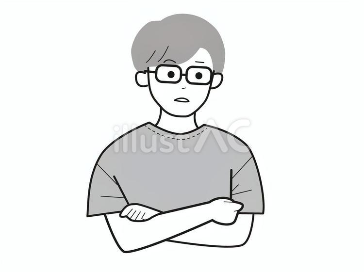 話を聞き悩んだり考えている眼鏡男性／白黒 上半身,半袖,腕組みのイラスト素材