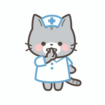 「しー」というサバトラ看護師 ネコ,サバトラ,看護師,しー,静かに,お願い,注意,病院,呼びかけ,ナースのイラスト素材