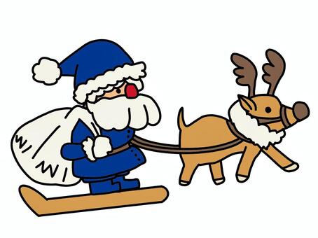 ソリでプレゼントを配る青サンタとトナカイ クリスマス,12月25日,サンタクロース,サンタ,トナカイ,人物,動物,角,聖夜,手書きのイラスト素材