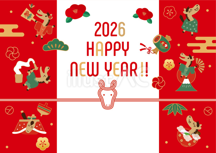 2026年の午年のフレーム お正月,正月,年賀状のイラスト素材