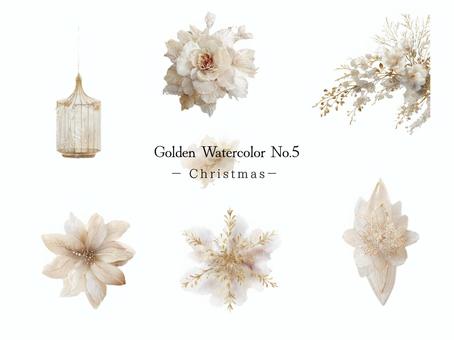 Golden Christmas 5 クリスマス,冬,水彩,ゴールド,アイボリー,花,フラワー,ランプ,枝,植物のイラスト素材