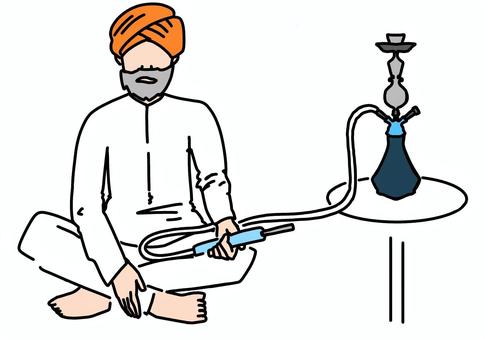 ターバンを巻いた男とシーシャ　カラー ターバン,男性,シーシャ,リラックス,カラーのイラスト素材