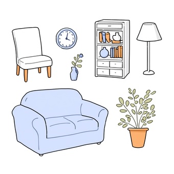 ソファと本棚と観葉植物のリビングイラスト