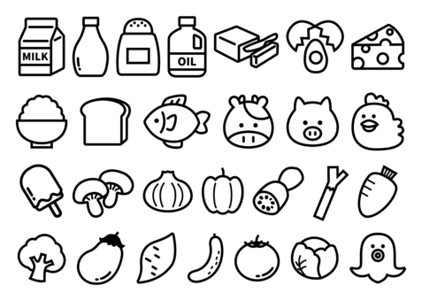 食材のロゴセット 食材,食料,乳製品,肉,野菜,炭水化物,調味料,ミルク,牛乳,マヨネーズのイラスト素材