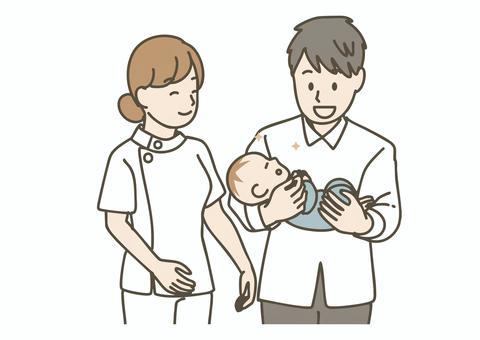 生まれた赤ちゃんを抱っこする父親 出産,退院,父親,お父さん,赤ちゃん,抱っこ,看護師,医療,新生児,喜びのイラスト素材