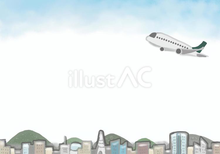 飛行機と青空街並みフレーム 飛行機,空,街並みのイラスト素材