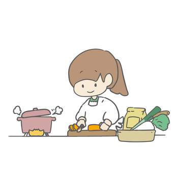 料理を作る女の子 女の子,女性,割烹着,エプロン,料理,クッキング,キッチン,食事準備,調理,手料理のイラスト素材