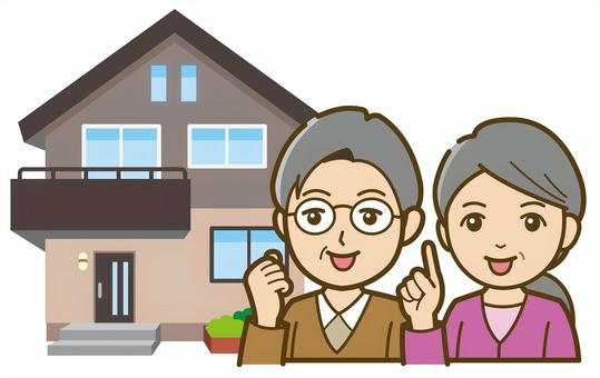家の前で喜ぶシニア夫婦 夫婦,男性,女性,シニア,人物,家のイラスト素材