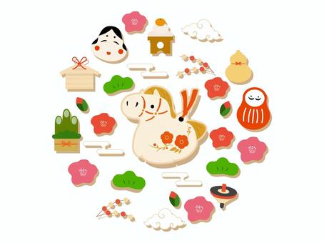 お正月の年賀状・和風・縁起物イラスト素材 午年,午,年賀状,お正月,2026年,正月,馬,和,馬年,１月のイラスト素材