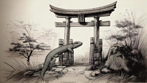 A small lizard guards the torii gate of a shrine, JPG A small lizard guards the torii gate of a shrine, a shrine, torii, a lizard, JPG