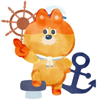 水彩画_夏の海の男_02 猫,動物,手描き,水彩画,水彩,水彩風,水彩画風,夏休み,海の男,目指すのイラスト素材