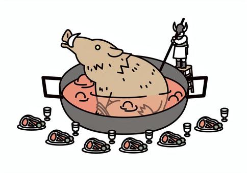 セーフリームニル 架空,生き物,セーフリームニル,巨大,猪,大鍋,エルドフリームニル,アンドフリームニル,調理のイラスト素材