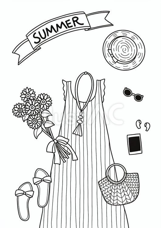 夏のコーディネートの塗り絵 塗り絵,線画,絵画のイラスト素材