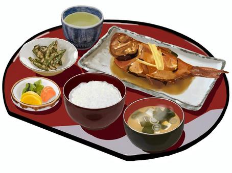 煮魚定食A2（半月盆） 煮魚,魚料理,魚,煮つけ,定食,和風,ご飯,みそ汁,漬物,日本料理のイラスト素材