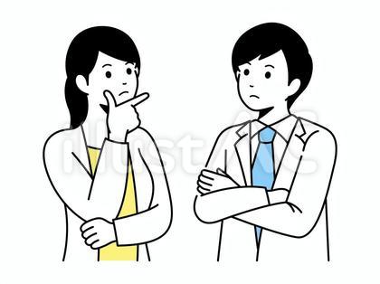 困って悩んでいるスーツ姿の男女会社員