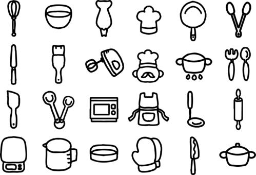 お菓子作りの器具などの線画アイコンセット 料理,アイコン,シンプル,かわいい,モノクロ,白黒,セット,お菓子作り,クッキング,パティシエのイラスト素材