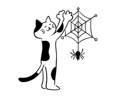 蜘蛛の巣を飾る猫（モノクロ） 猫,蜘蛛の巣,蜘蛛,不気味,ハロウィン,飾り,飾り付け,デコレーション,装飾,彫刻のイラスト素材
