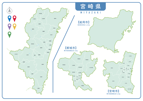 宮崎県 市町村マップ  地図,日本,市町村,マップ,エリア,区分,宮崎県,宮崎市,都城市,延岡市のイラスト素材