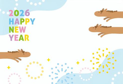 2026年午年かわいい年賀状、馬と花火3 年賀状,馬,花火,午年,2026,2026年,正月,お正月,おしゃれ,手描きのイラスト素材