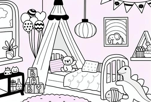 ベビールームのポストカードピンク背景 部屋,子供部屋,赤ちゃん,風船,ベッド,ぬいぐるみ,積み木,インテリア,家具,人物無しのイラスト素材