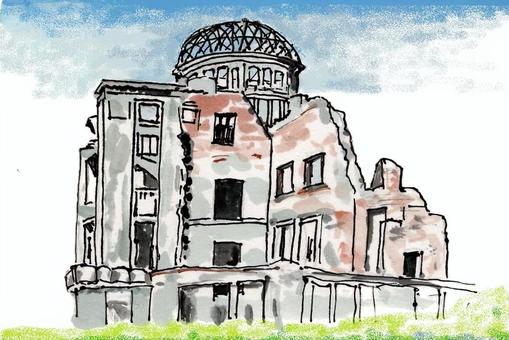原爆ドーム（広島市）（絵手紙） 原爆ドーム,広島市,広島県,戦禍,建物,残骸,レンガ,顔彩画のイラスト素材