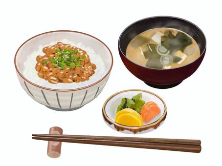 納豆ご飯みそ汁セット（漬物付き）2 納豆,ご飯,ごはん,味噌汁,みそ汁,食べ物,和食,日本食,定食,セットのイラスト素材