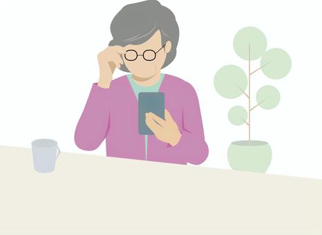 高齢者のスマホ利用と老眼 シニア,高齢者,女性,老眼,メガネ,スマホ,デジタル,デバイス,操作,見るのイラスト素材