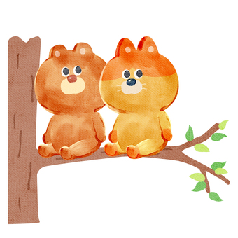 水彩画_木の枝に座る動物_01 熊,猫,動物,手描き,水彩画,水彩,水彩風,水彩画風,枝,木のイラスト素材