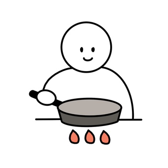 フライパンで料理をする人 料理,調理,クッキング,家事,フライパン,人,棒人間,線画,挿絵,手描きのイラスト素材
