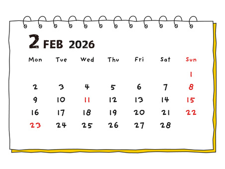 2026年2月 手描き風の月間カレンダー カレンダー,2026,2月,月間,手描き,ノート,月別,スケッチブック,冬,2026年のイラスト素材