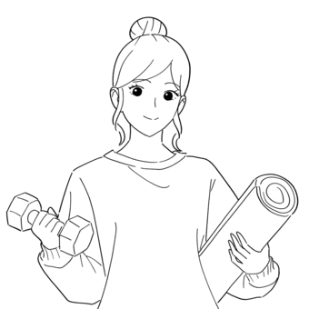 ダンベルとヨガマットの女性　白黒イラスト 女性,成人,若い,ダンベル,ヨガマット,持つ,筋トレ,鍛える,エクササイズ,フィットネスのイラスト素材