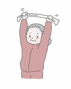 おばあさんのタオル体操  高齢者,女性,シニア,体操,健康,運動,予防,リハビリ,介護,デイサービスのイラスト素材