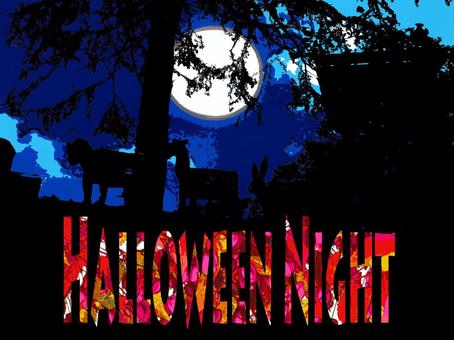 ハロウインの夜 ハロウイン,夜,背景黒,月,森影,文字ありのイラスト素材