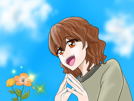 花が咲いて感激する女子 花,咲く,感激,女子,かわいい,美人,美女,満面の,笑み,笑顔のイラスト素材
