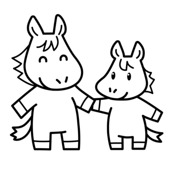 手をつなぐ馬の親子 手をつなぐ馬の親子 馬,親子,仔馬,シンプル,線画,白黒のイラスト素材