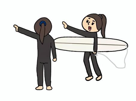 サーファー サーファー,サーフィン,ボード,女性,会話,指差し,ウエットスーツ,pop調,手描き,挿絵のイラスト素材