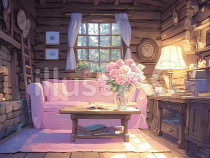花やソファのあるコテージの部屋_背景画