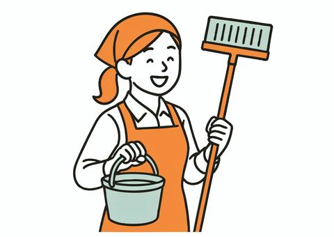 笑顔で掃除する主婦・家事代行スタッフ 主婦,女性,家事,掃除,バケツ,モップ,家事代行,笑顔,働く,人物のイラスト素材
