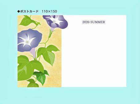 夏ポストカード朝顔2完成　 朝顔,花,つる,葉,朝,パープル,ムラサキ,グリーン,みどり,暑中見舞いのイラスト素材