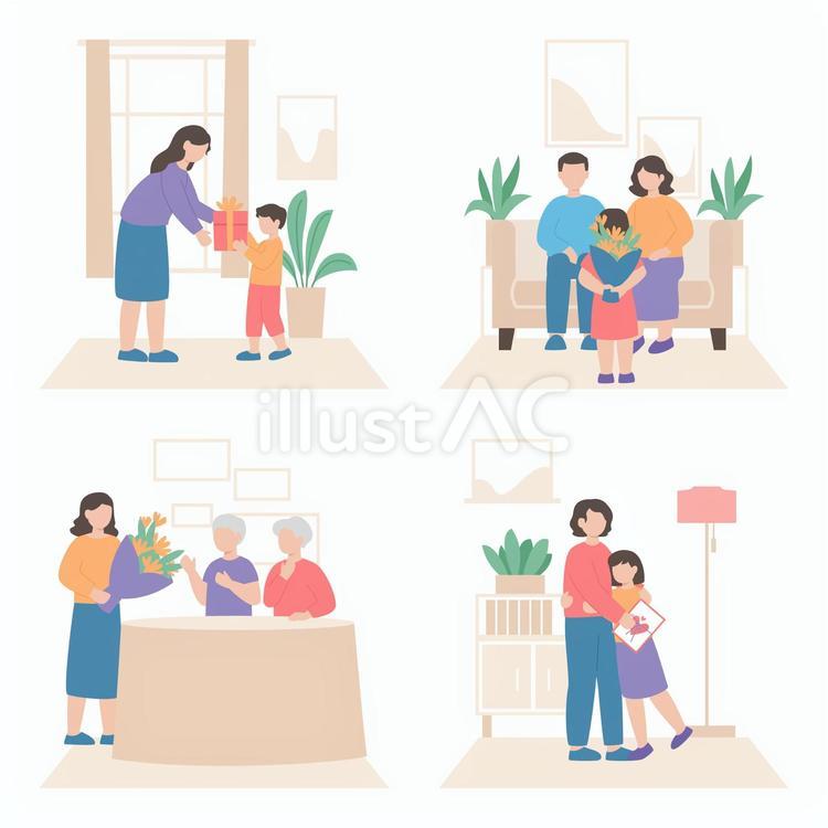 両親の日セット（女性、男の子、プレゼントなど） 両親の日,親子,家族のイラスト素材