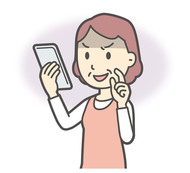  スマホで悪事をたくらんでいるおばさん 企む,女性,人,主婦,中年,シニア,エプロン,ママ,お母さん,おかんのイラスト素材