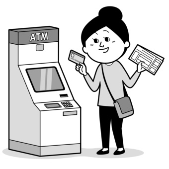 ATMで公共料金を振込む女性_モノクロ 振り込み,atm,キャッシュカード,払い込み,入金,現金,詐欺,公共料金,用紙,ペイジーのイラスト素材
