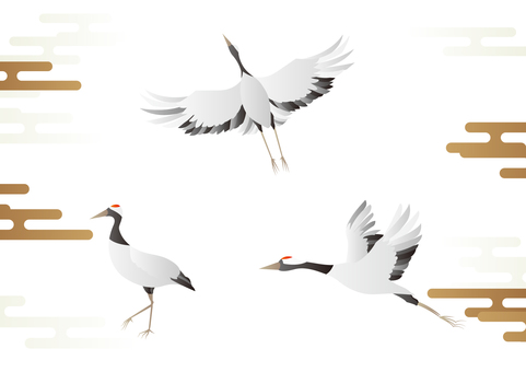 和風の鶴のイラストセット 和風の鶴のイラストセット 鶴,動物,鳥,羽,嘴,和風,雲,セット,イラストのイラスト素材